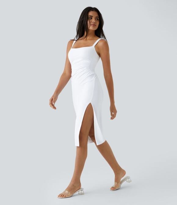 HALARA Dresses & Skirts - Halara Square Neck Ruched Split Midi Cool Touch Dress in White Size Large